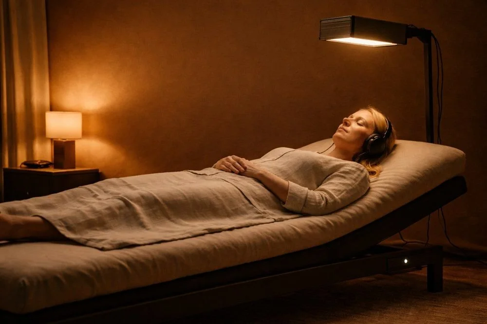 A person resting during a guided Satori LSV session with light, sound and vibration