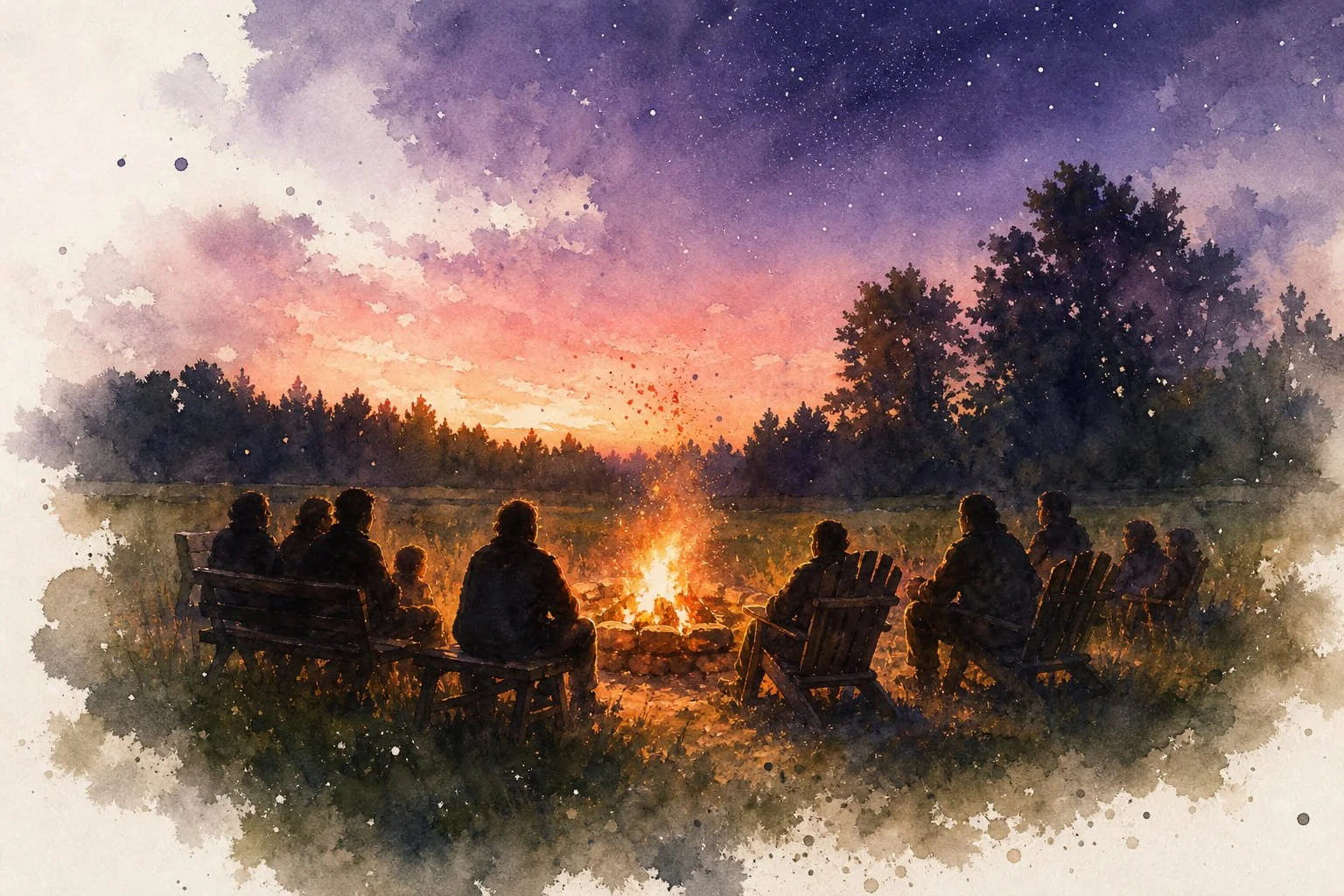 Watercolor of a circle of people silhouetted around a campfire at dusk, under a deepening sky.