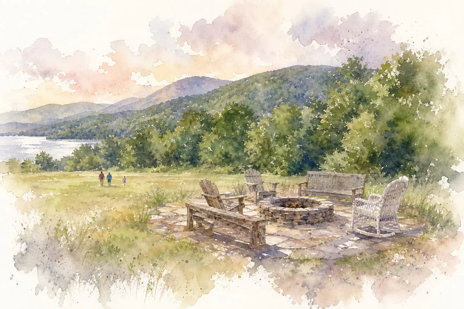 Watercolor of the retreat meadow: a stone fire circle ringed with mismatched benches and chairs, a wooded ridge and lake beyond.