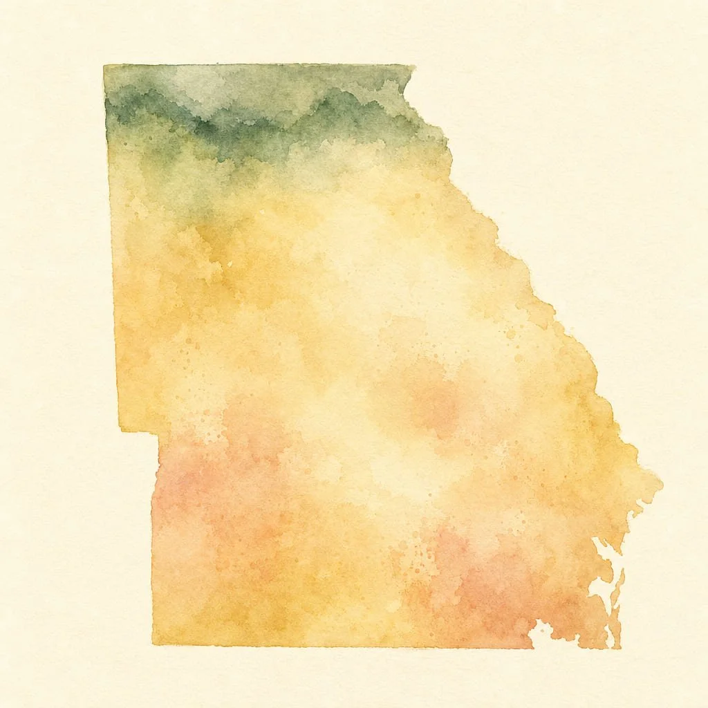 Watercolor map of Georgia, with Atlanta marked in the north-west and the retreat property in the mountains at the top of the state.