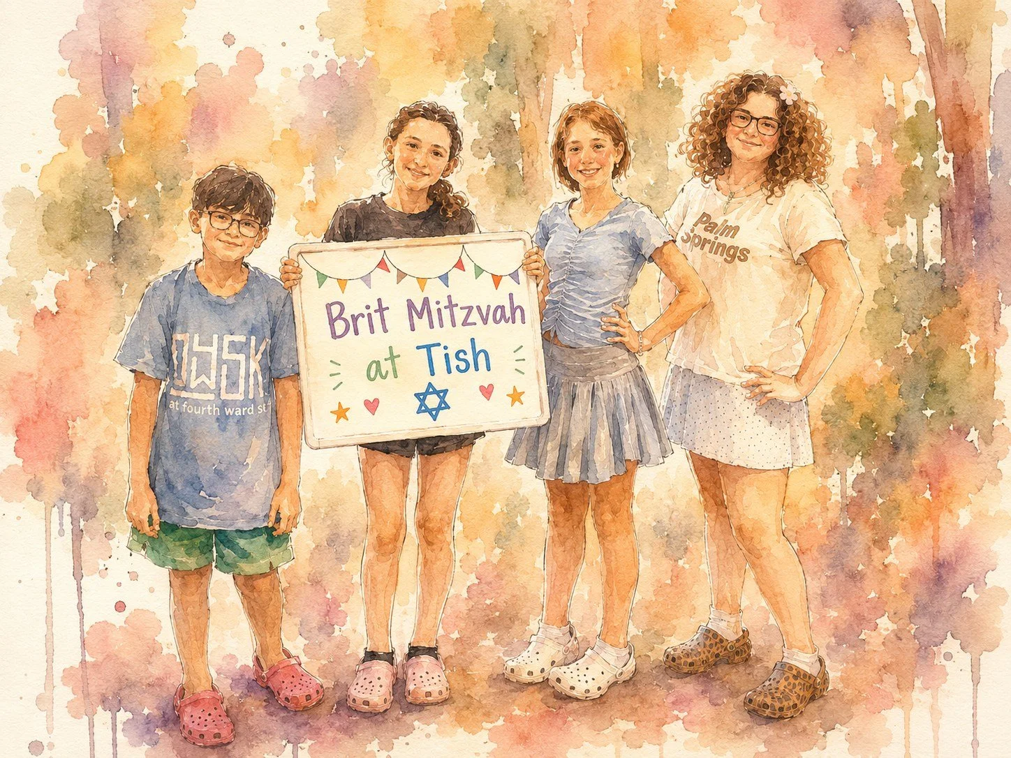 Watercolor illustration of the first cohort holding a hand-painted Brit Mitzvah at Tish sign