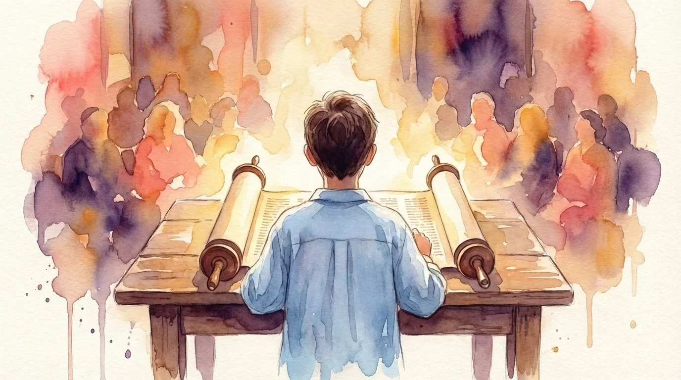 Watercolor illustration of a young person reading Torah before a congregation