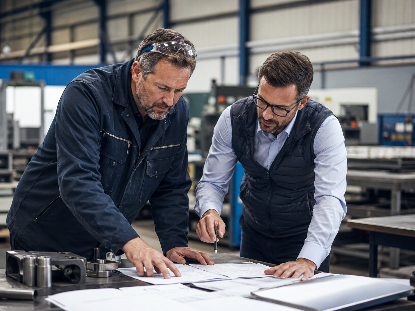 Two professionals reviewing financial documents in a workshop
