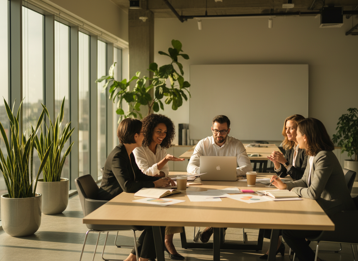 Team meeting around a conference table in warm light