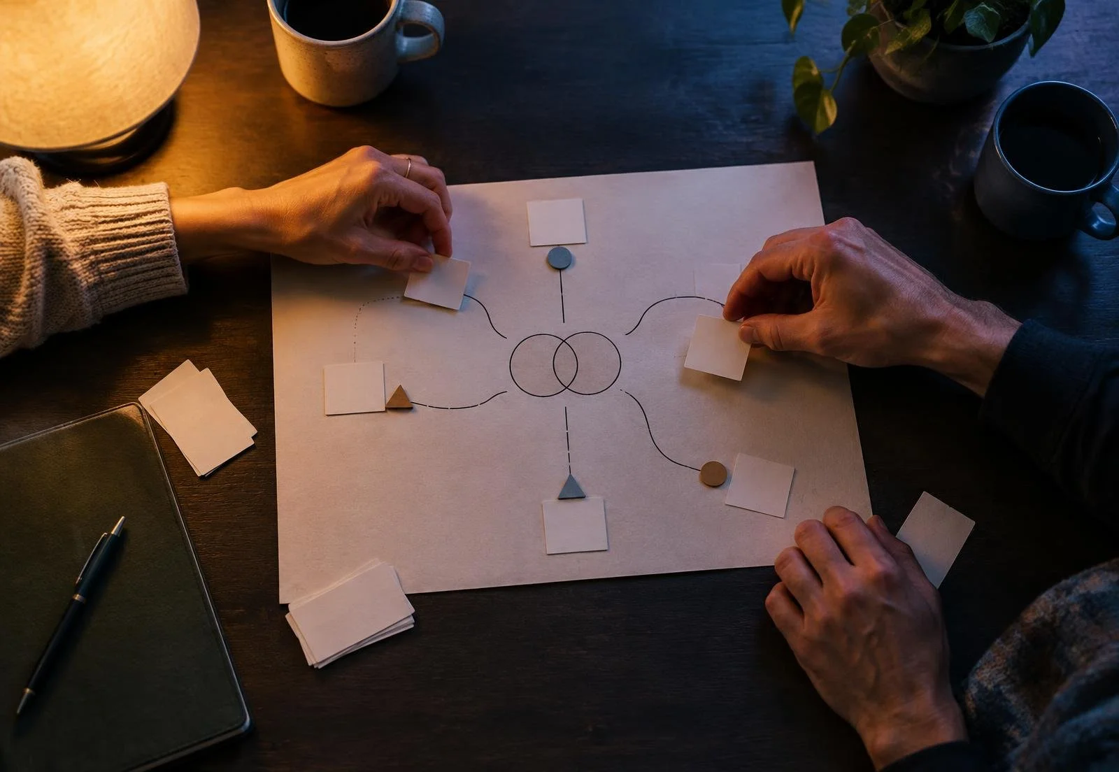 Hands placing cards on relationship blueprint map