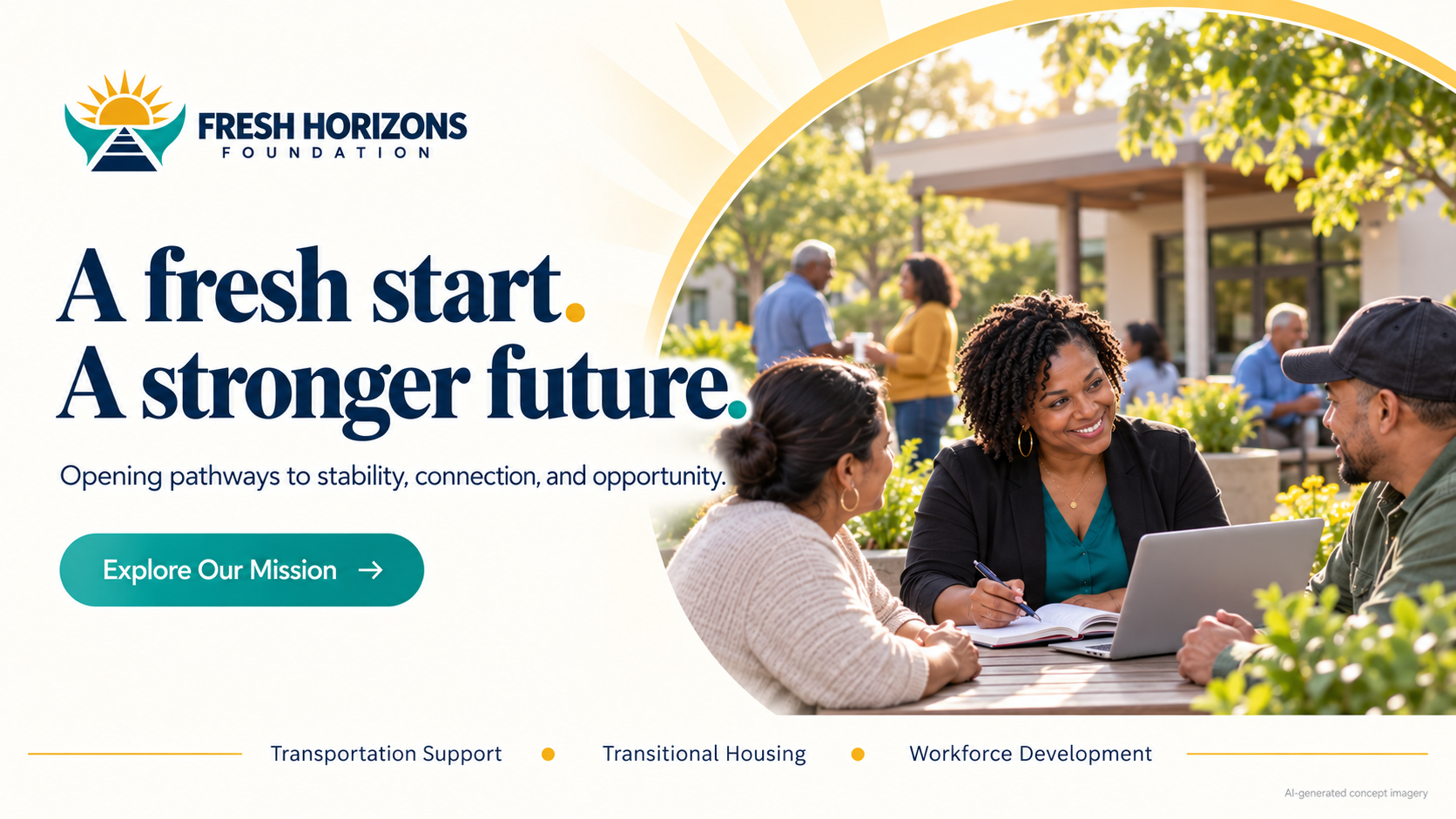 Fresh Horizons Foundation. A fresh start. A stronger future. AI-generated illustration of community members discussing support at a welcoming resource center.
