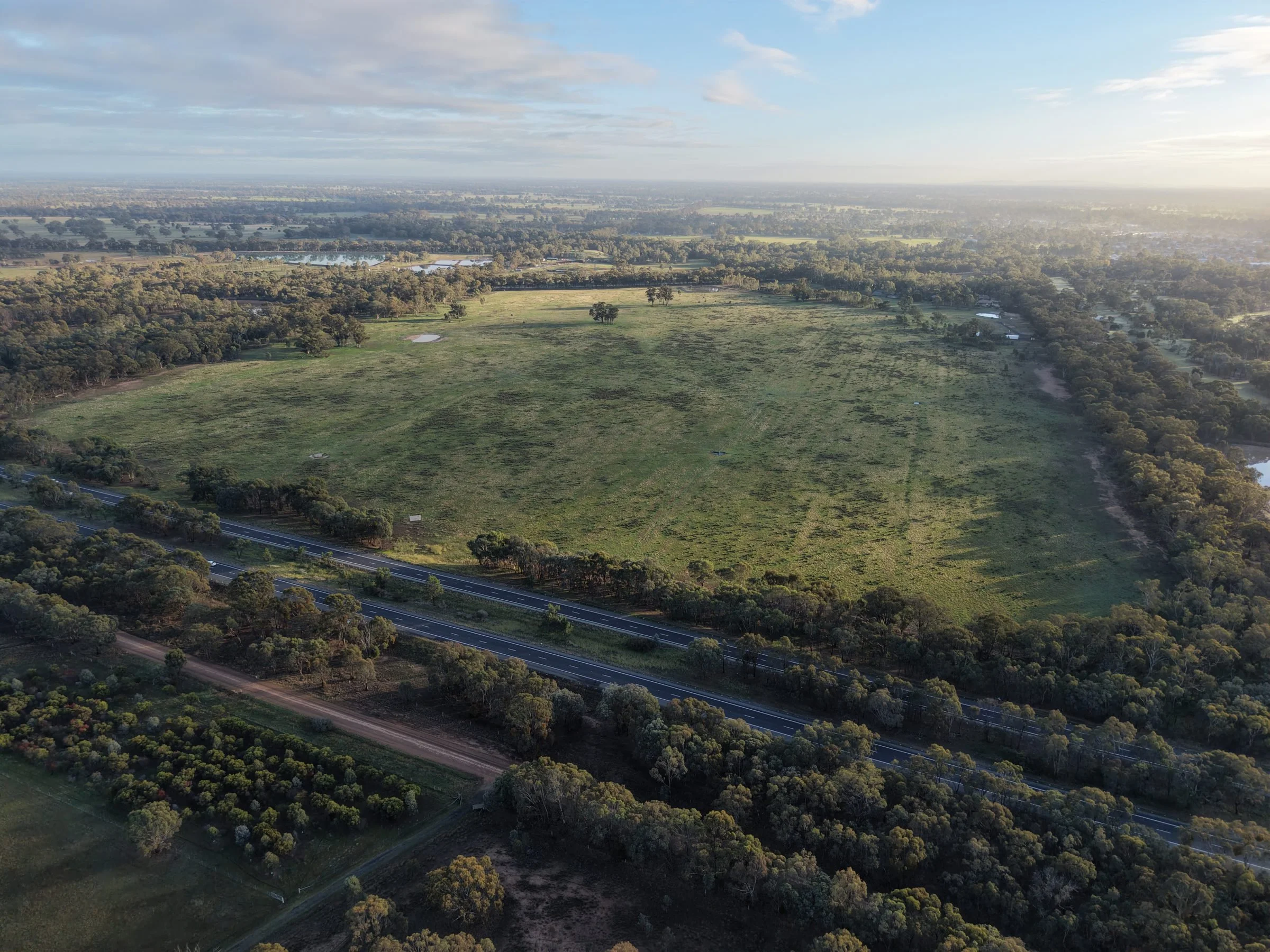 Aerial view of the Serenity Euroa land at 72 Golf Course Road, Euroa, showing the Stage 01 release, the golf course to the west and the Euroa Arboretum to the east