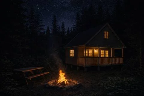 Cozy guest house cabin lit up at night beside a campfire