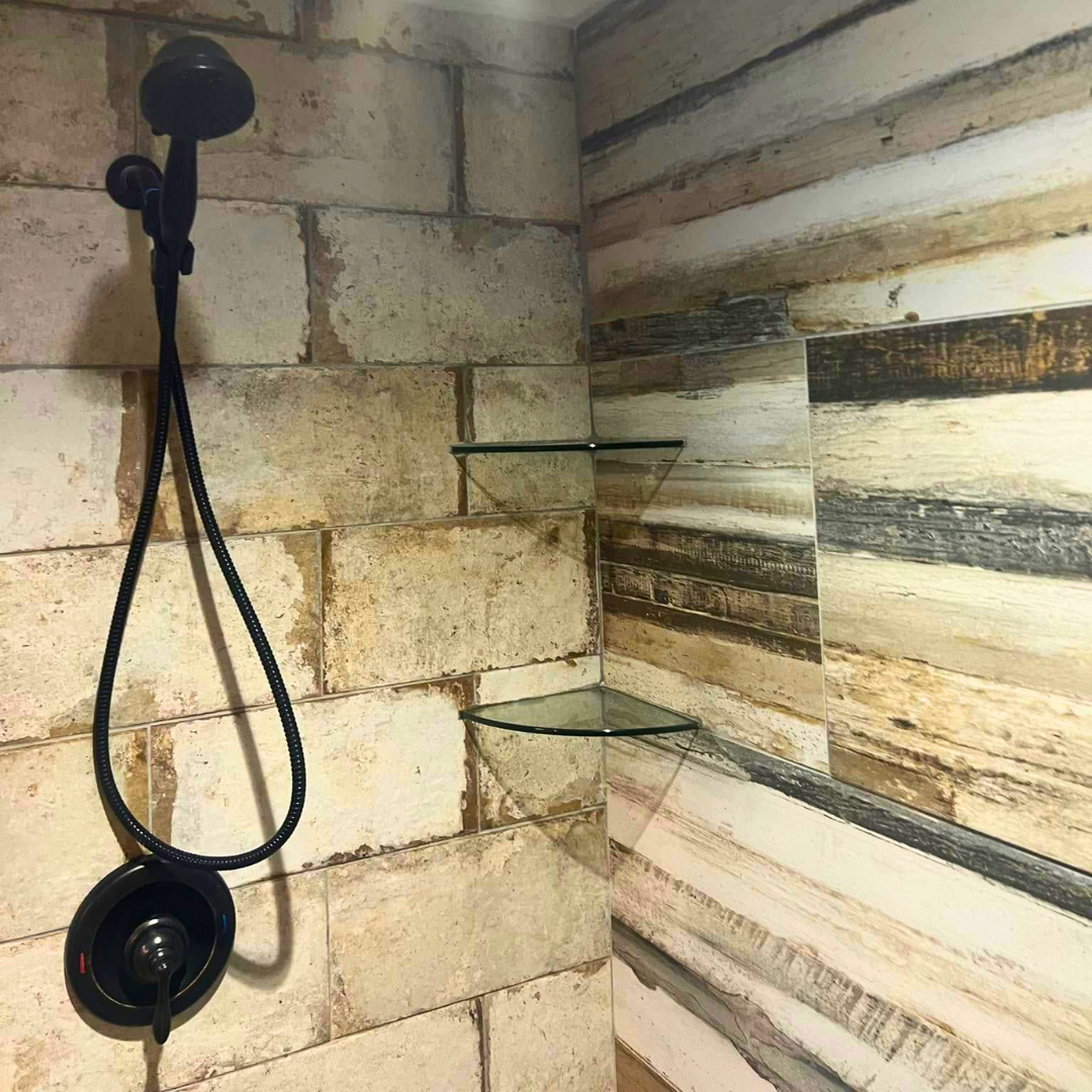 Tile shower with handheld showerhead installed