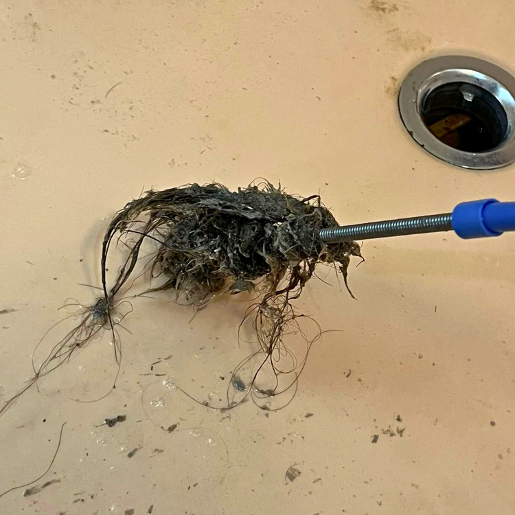 Hair clog removed from a bathroom drain with a drain snake