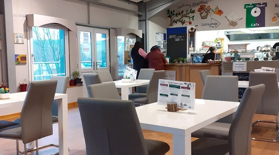 The welcoming seating area at the Clock Tower Cafe