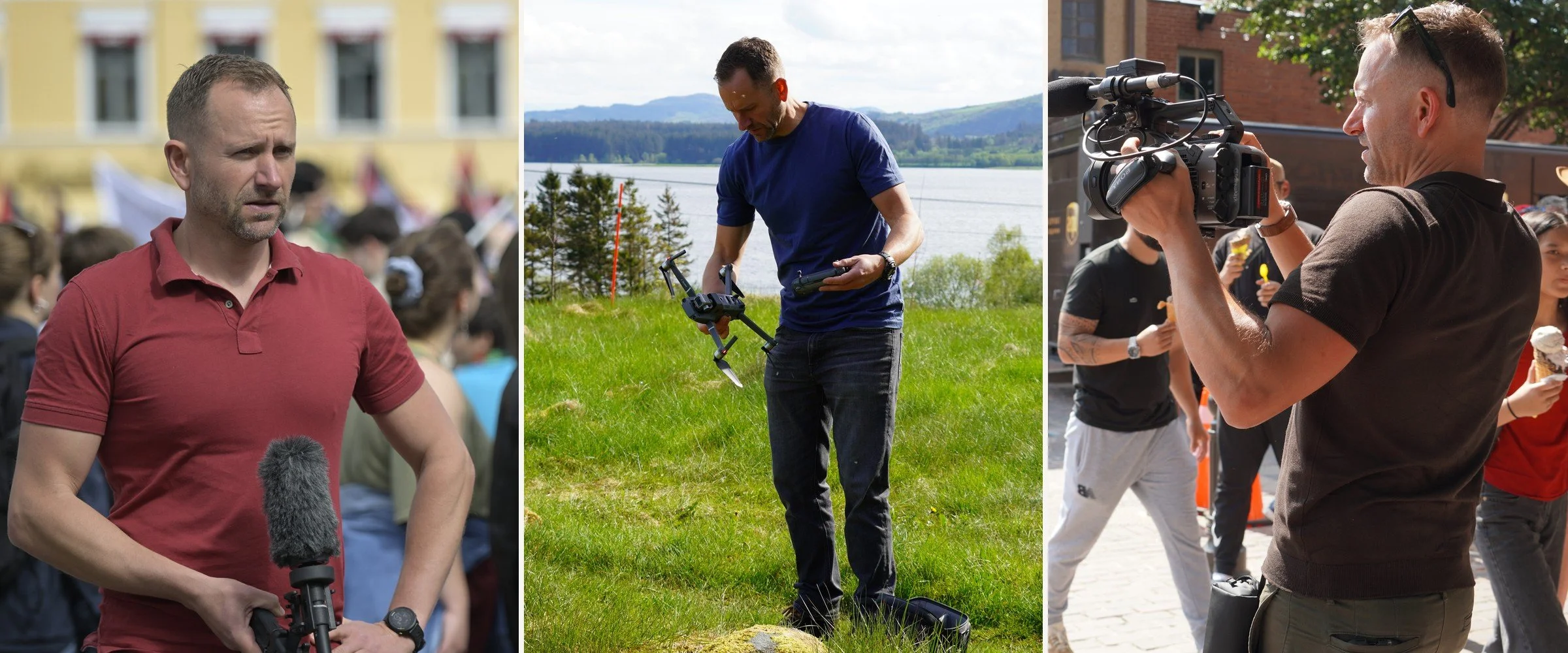 Paul Rhys reporting to camera, flying a drone, and filming in the field