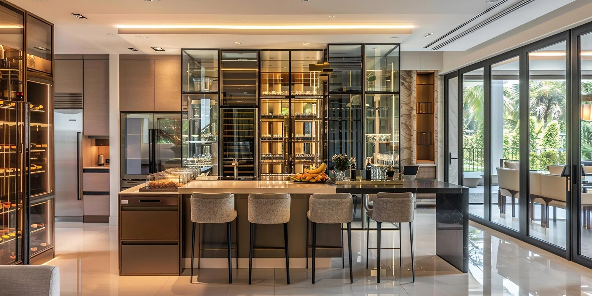 High-end stone island installation with dramatic veining and waterfall edge