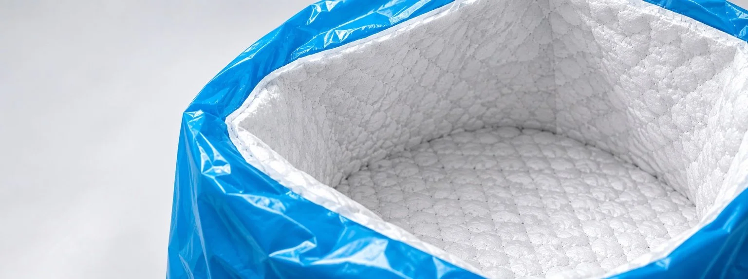 Close-up of the integrated absorbent liner inside a blue Sure Seal waste bag