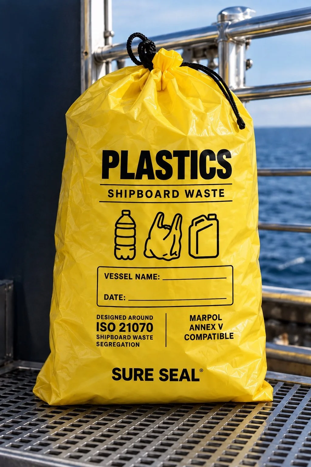 Yellow Sure Seal Marine plastics waste bag with category wording, pictograms and vessel identification fields