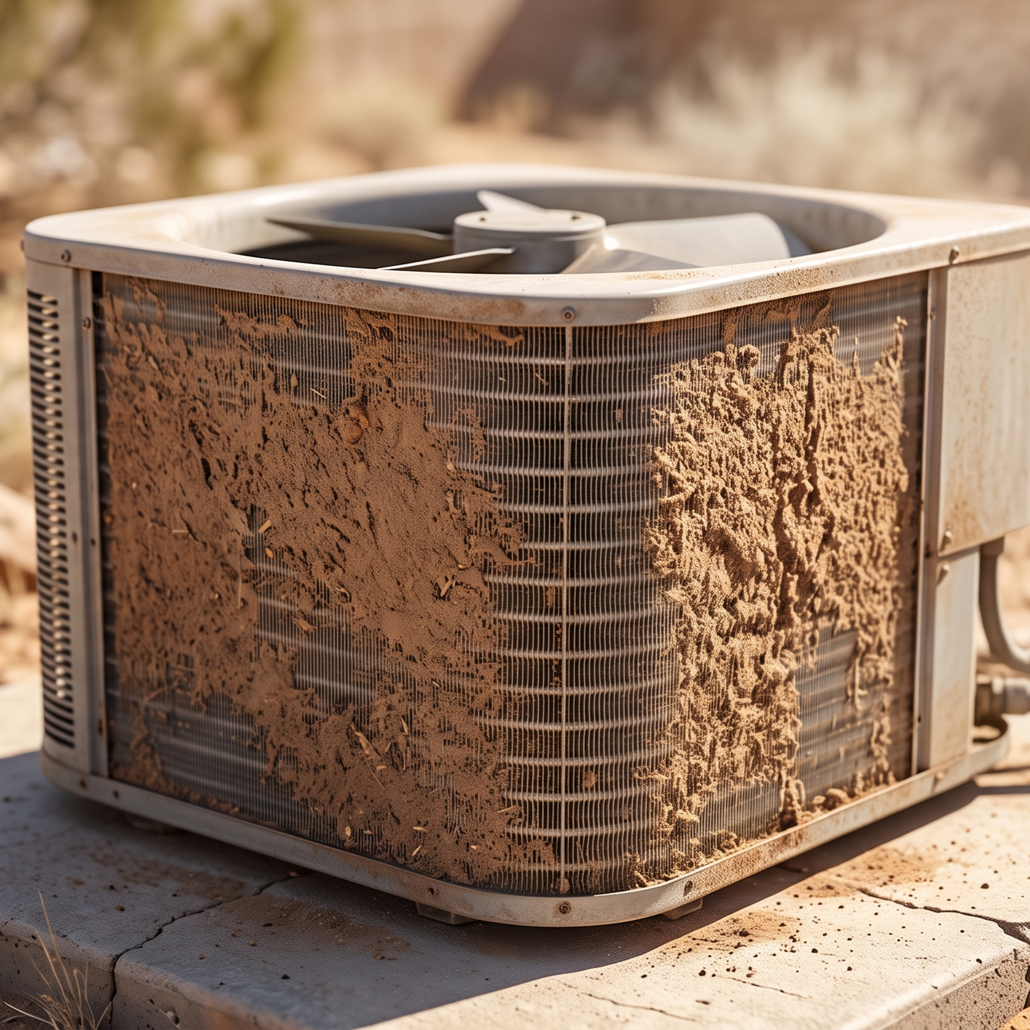 sunbaked desert home with ac unit blowing warm air