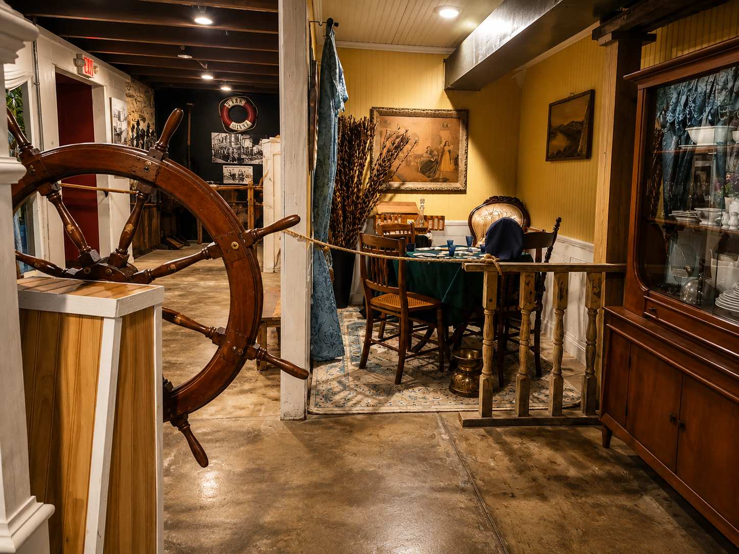 Ozark Queen exhibit interior with ship’s wheel, period dining vignette, and display cabinet
