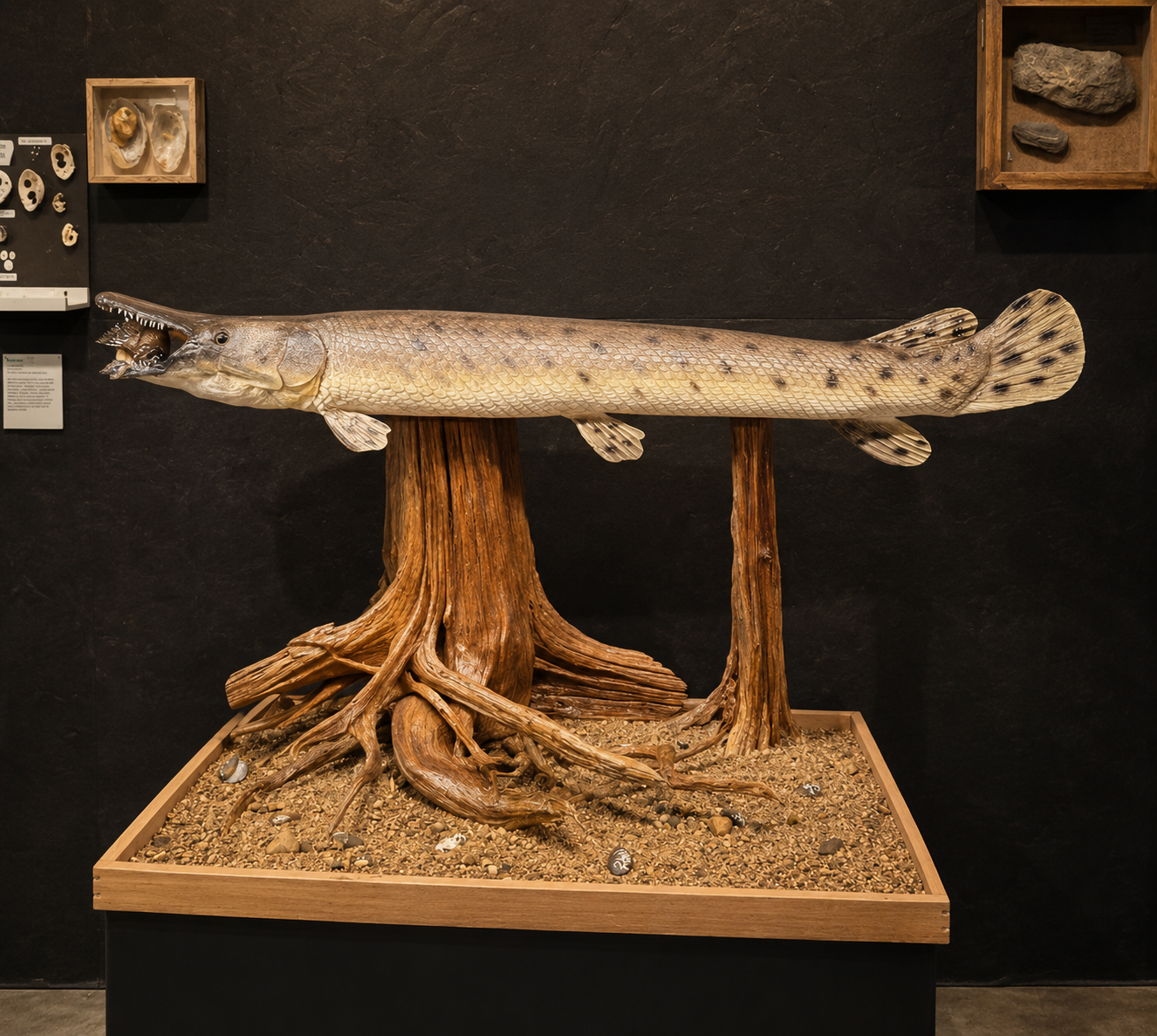 Nature Center display featuring a large alligator gar specimen with naturalistic riverbed staging and specimen displays