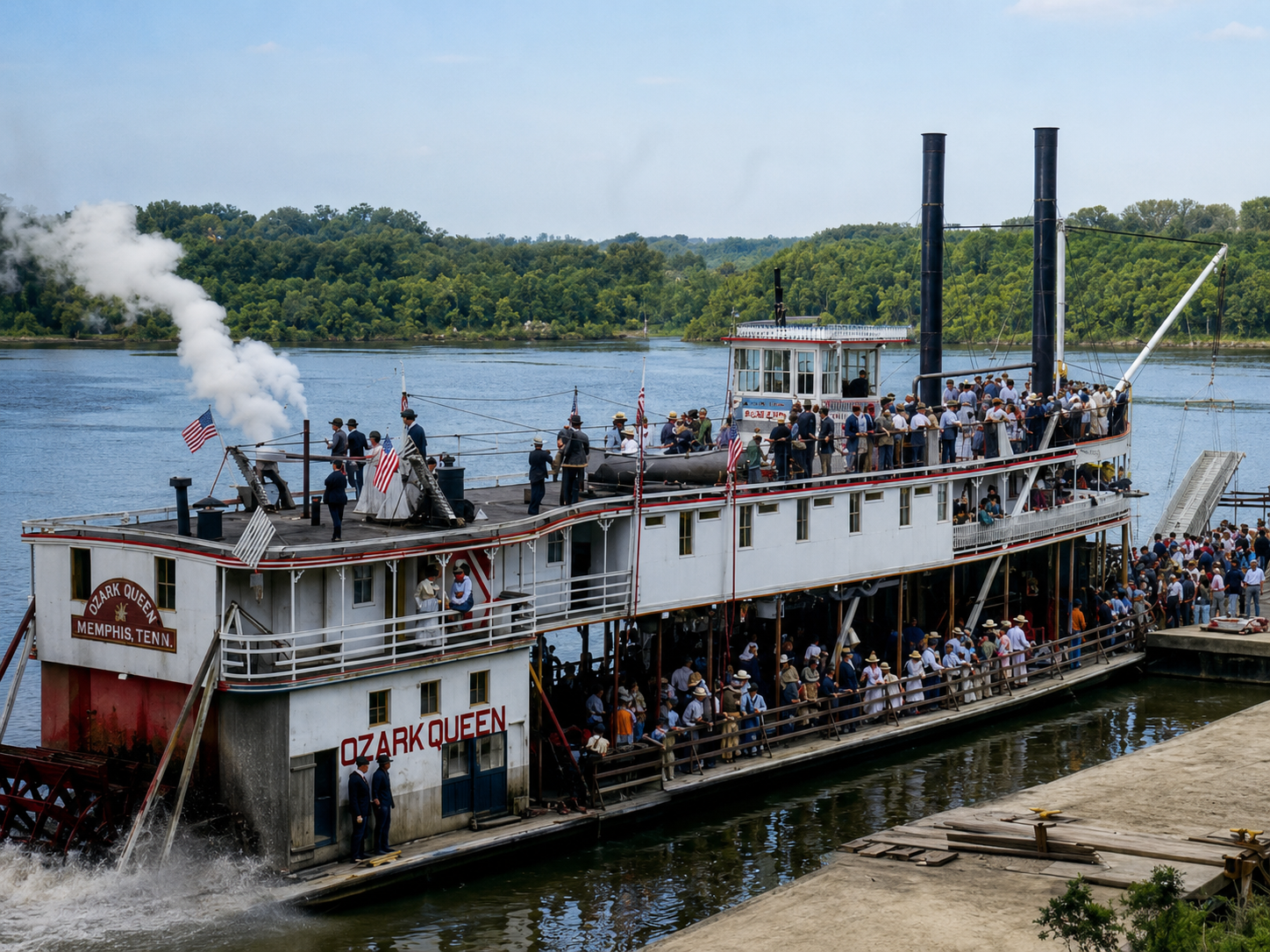 The Ozark Queen steamboat on the White River with passengers aboard