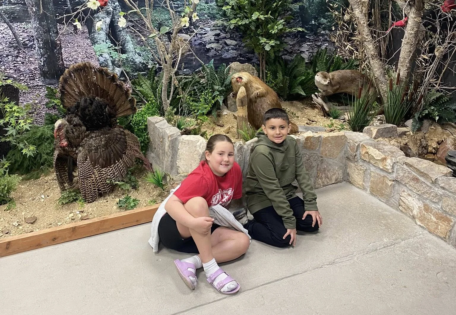 Children seated in front of a Nature Center diorama with trees, birds, animal figures, stone edging, and forest backdrop