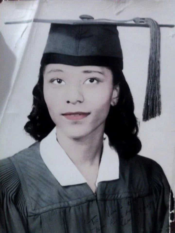 Graduation portrait of Chéla’s grandmother, Rosetta Wallace Lewis, wearing a cap and gown