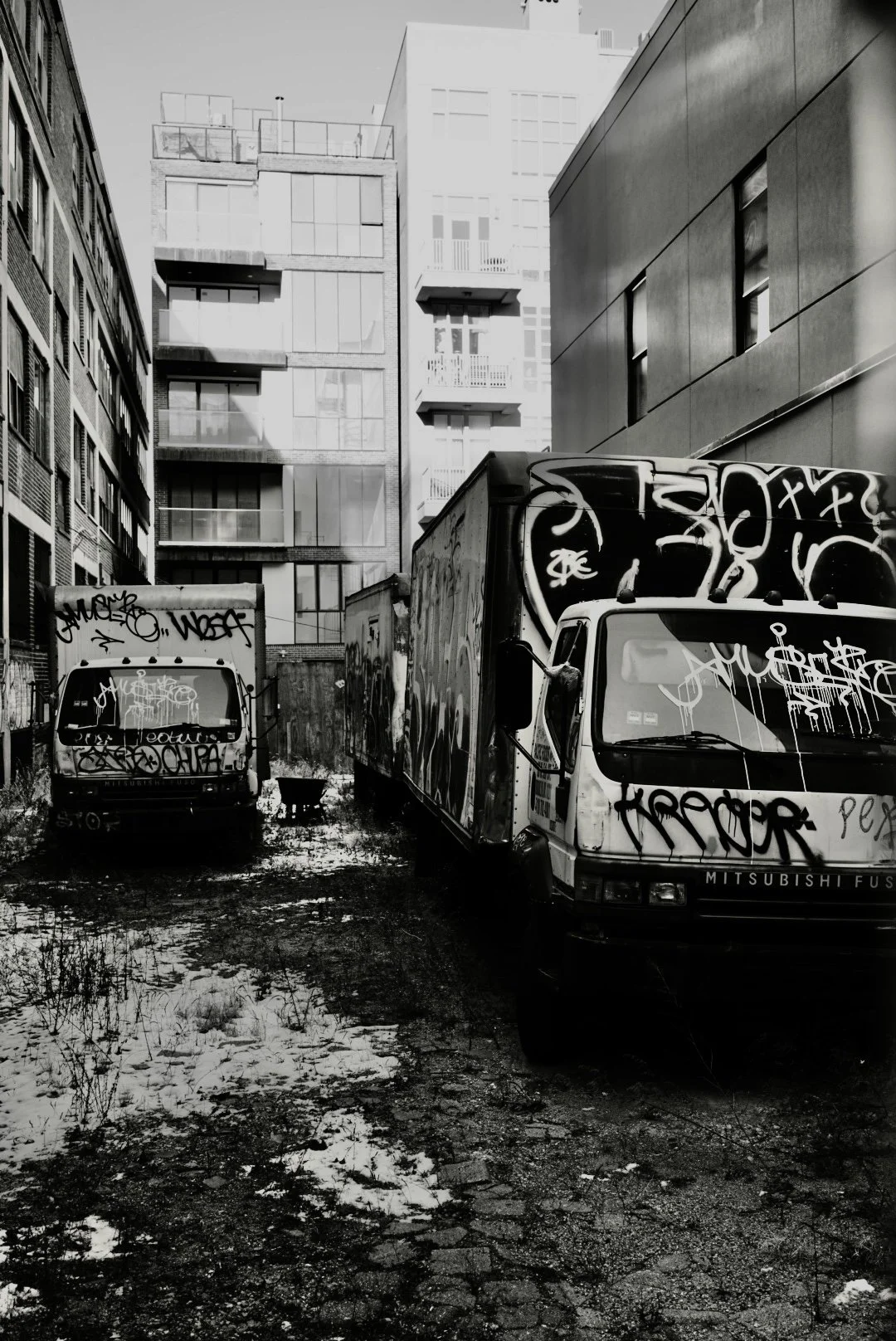 Graffiti-covered vehicles on a cobbled lane, photograph by Frank Díaz