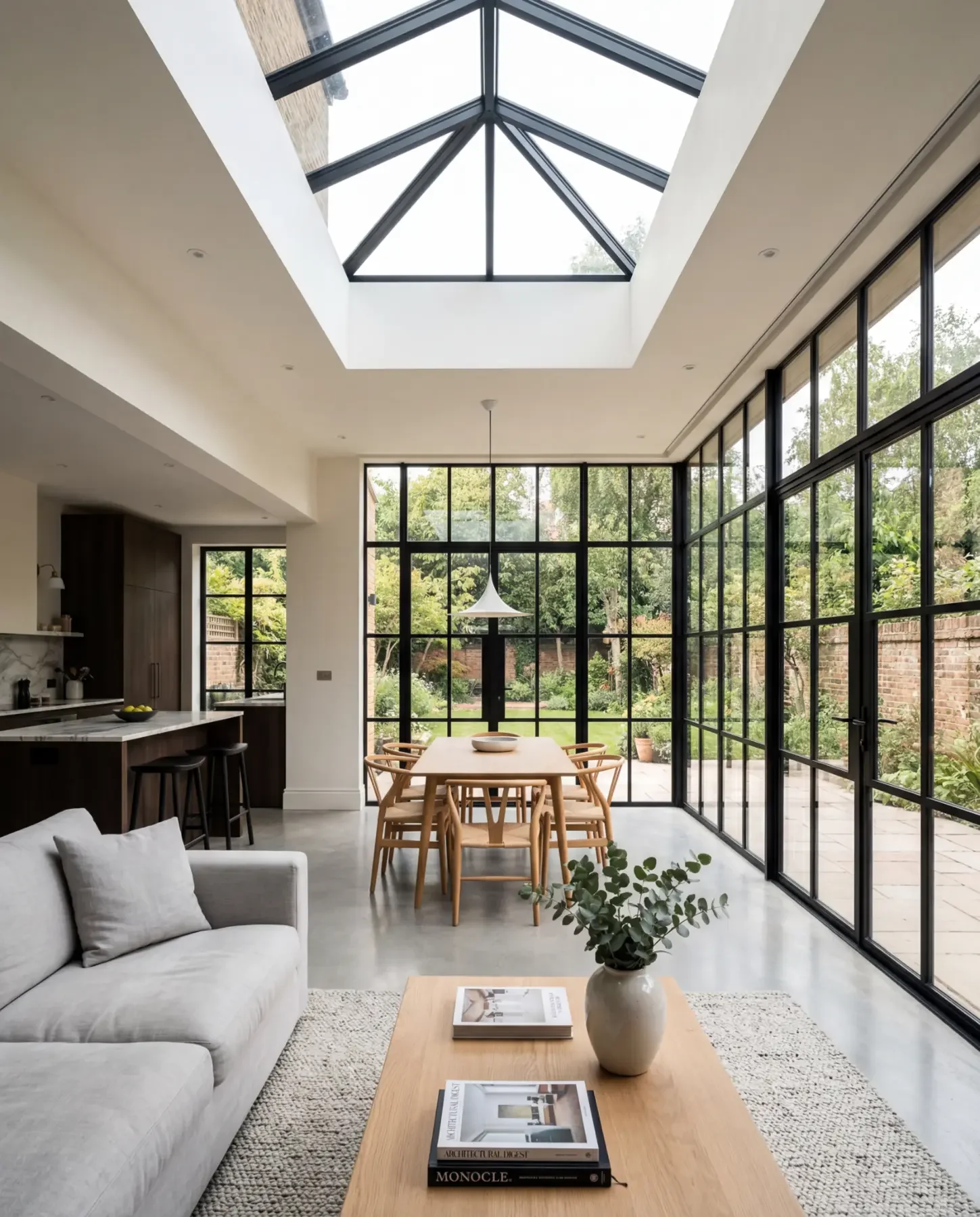 Bright glazed living space opening onto a garden