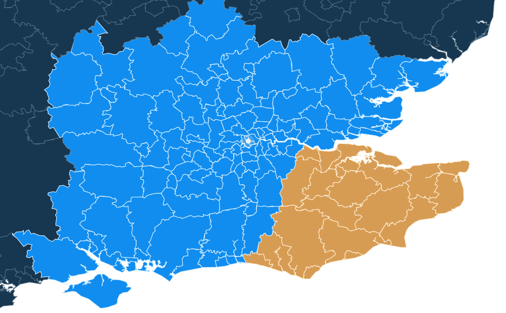 Map showing Bergmann Windows coverage across London and surrounding counties