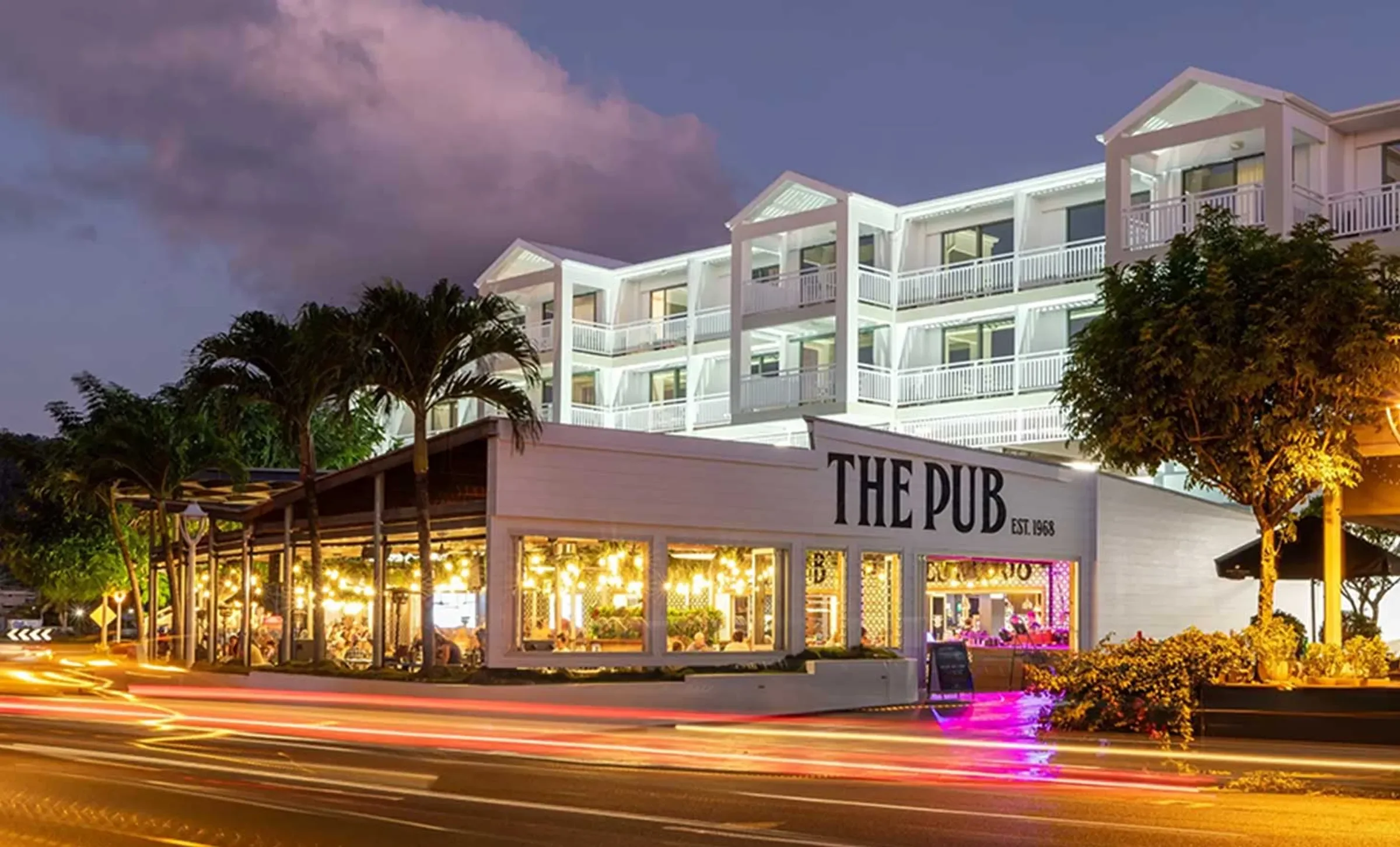 A licensed Australian pub at dusk, a going-concern venue commonly bought by first-time and multi-venue operators