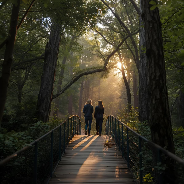 Two people walking along a narrow path through a forest with sunlight filtering through the trees.