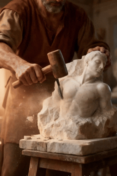 A Chisel And Hammer Partially Done Sculpting a Piece Of MARBLE/GRANITE/ROCK into a Person