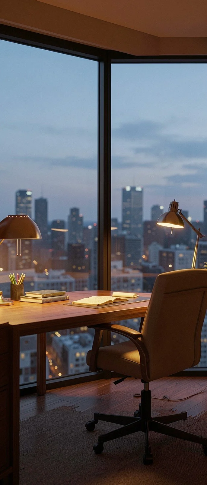 Corner office desk overlooking a city skyline at dusk