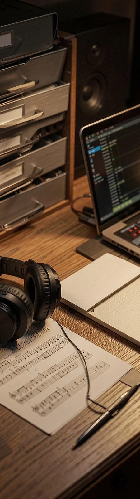 Home studio desk with headphones, sheet music, and file drawers