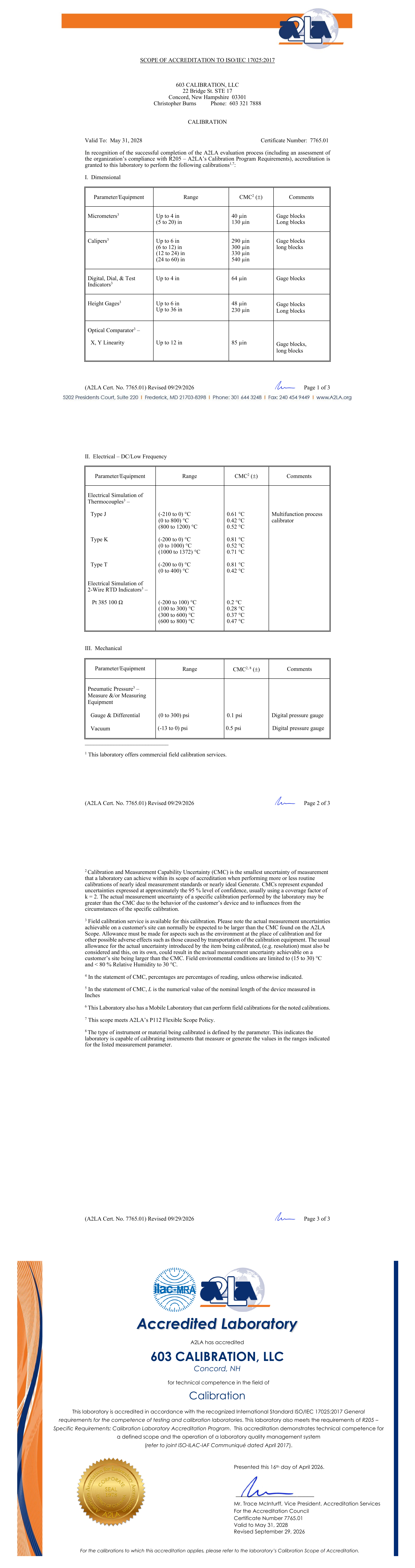 603 Calibration A2LA ISO IEC 17025 Scope of Accreditation