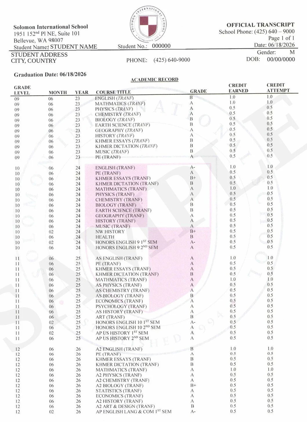 Sample official SIS transcript for a U.S. High School Dual Diploma Program student