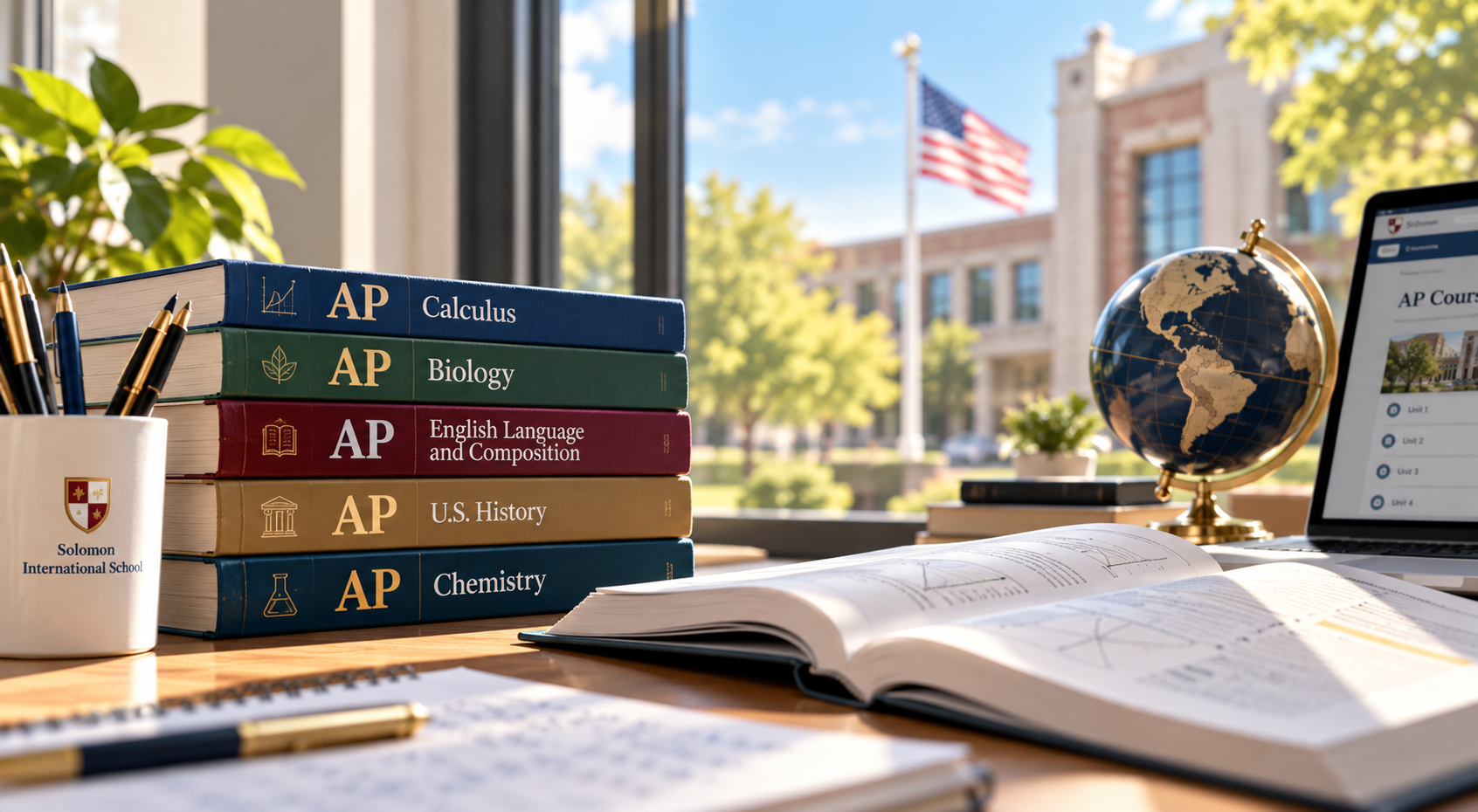 AP course textbooks on a study desk with a school campus in the background