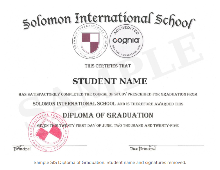 Sample Solomon International School Diploma of Graduation with the Cognia Accredited seal. Student name and signatures removed.