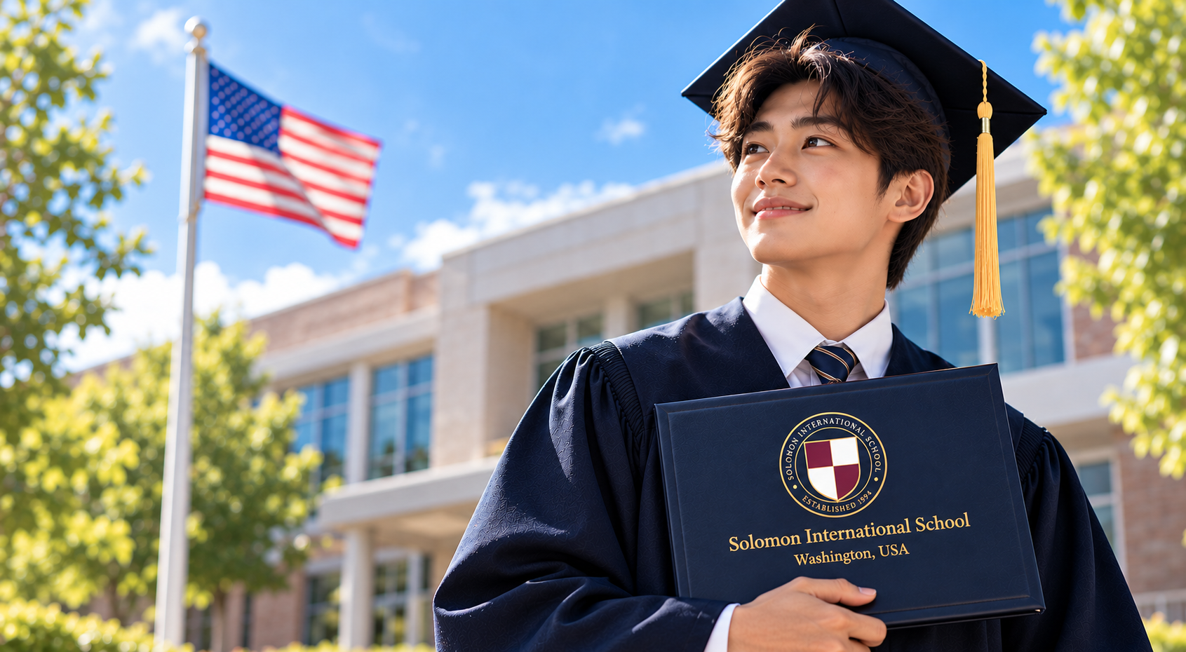 A Solomon International School graduate holding a diploma cover