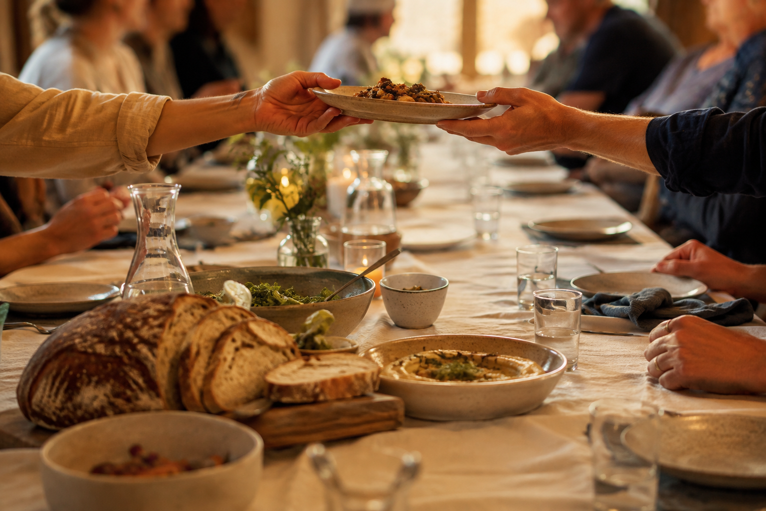 Guests sharing food around a welcoming communal table