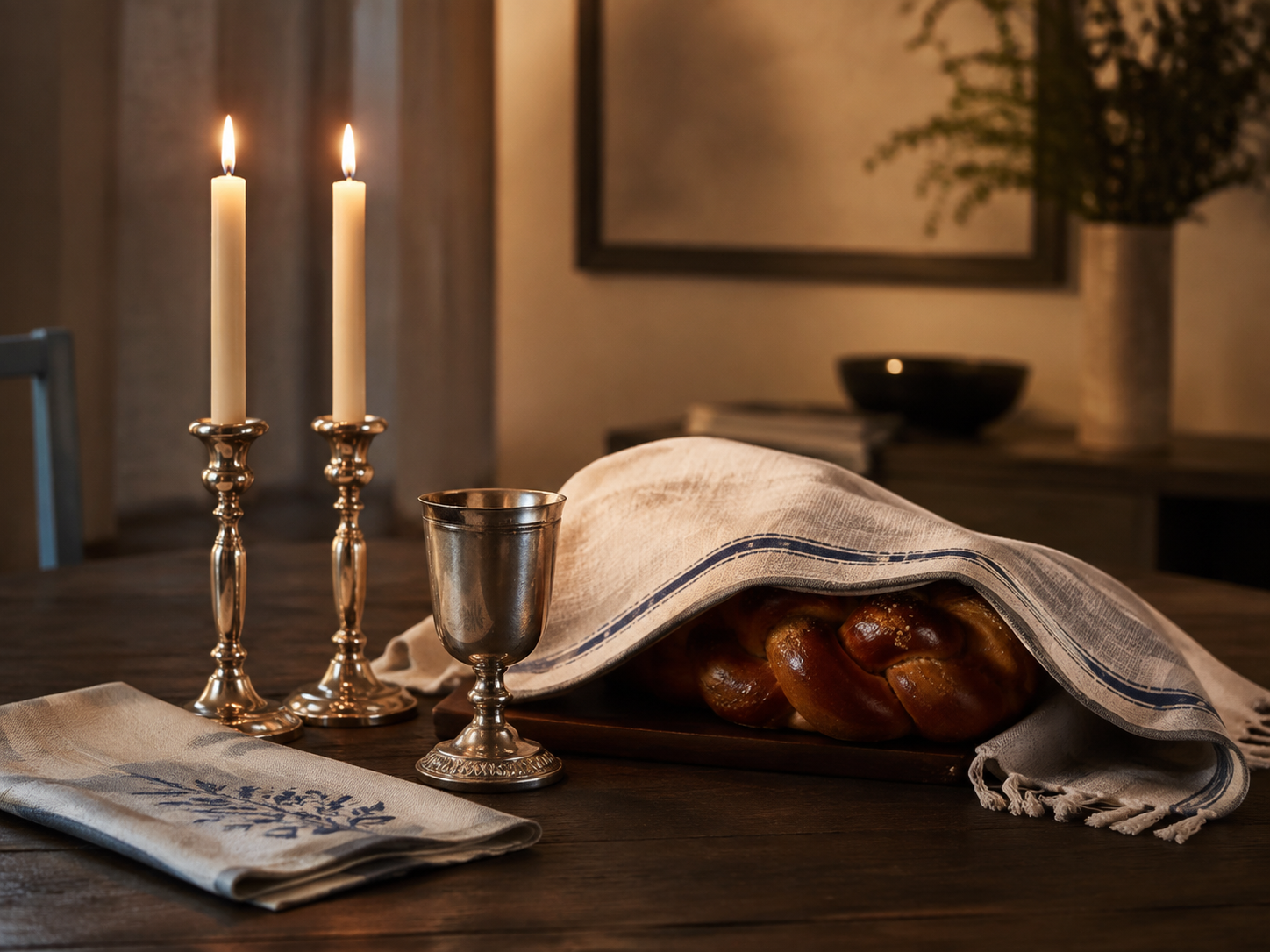 Shabbat candles, challah and a kiddush cup on a warmly lit table