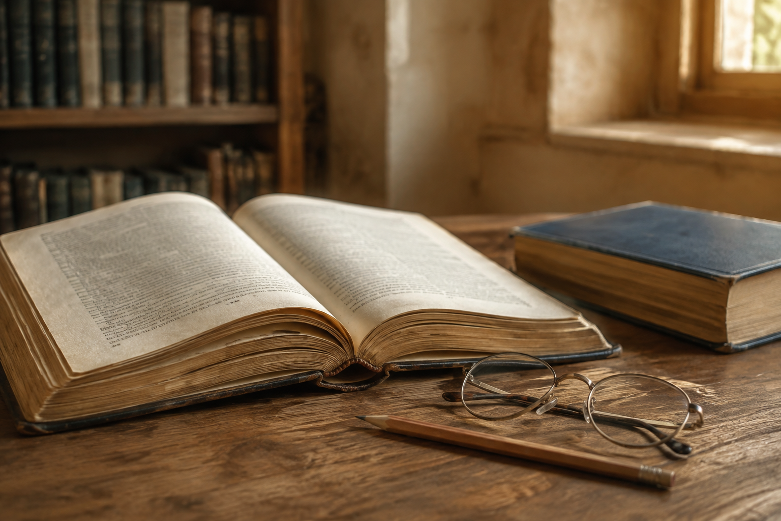 An open Jewish study book, pencil and reading glasses in warm window light