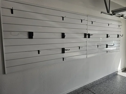 Garage slatwall panels with hooks installed in a Phoenix garage