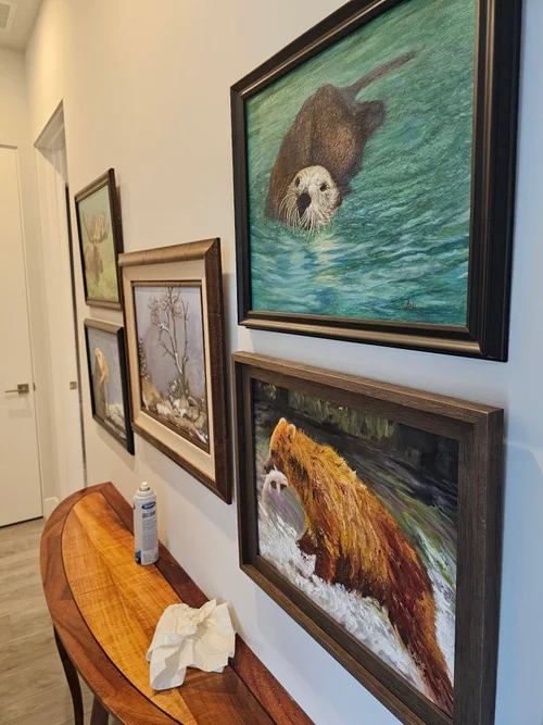 Framed paintings hung as a hallway gallery wall in Phoenix