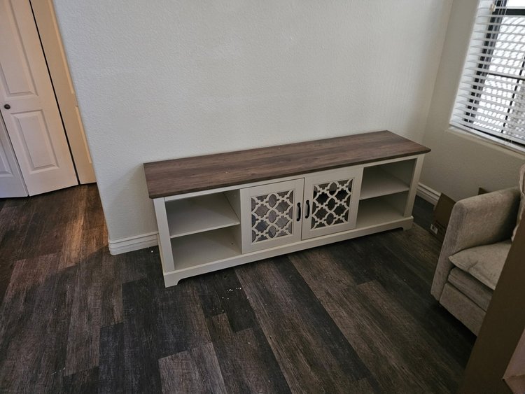 Media console assembled in a Phoenix Airbnb living room