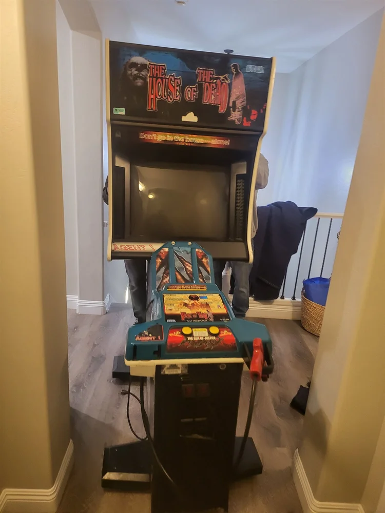 Stand-up arcade cabinet set up in a Phoenix home game room