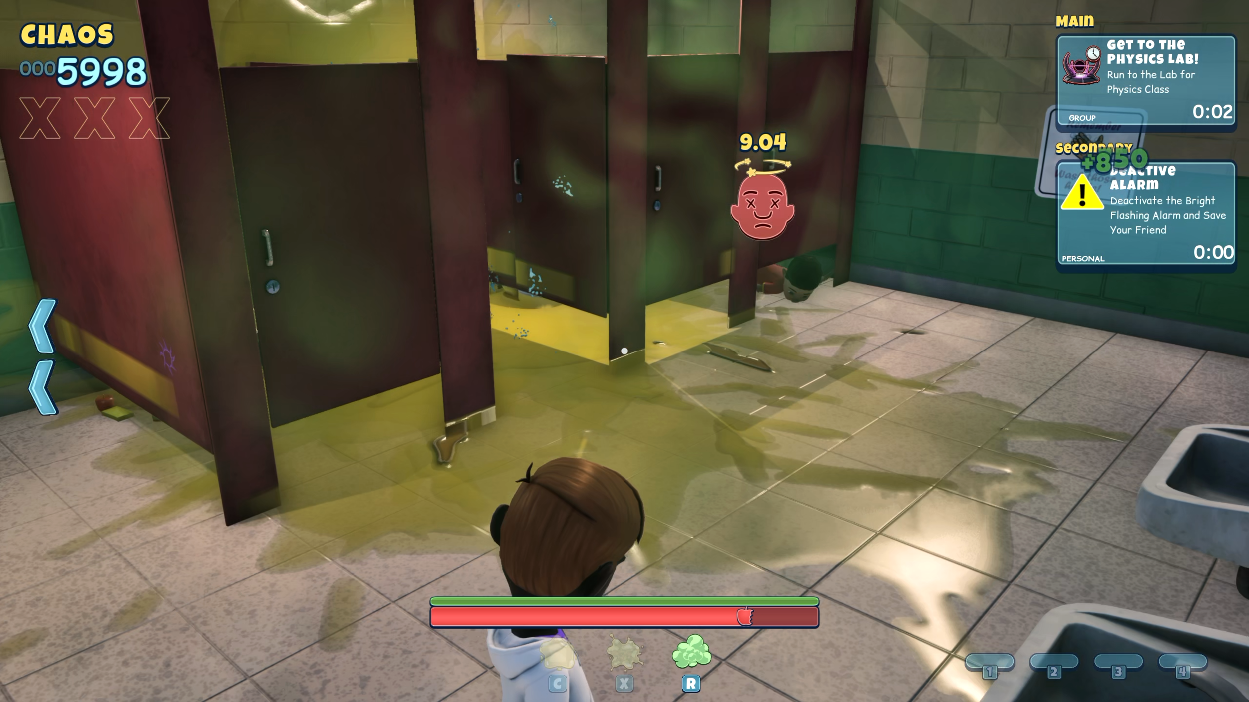 A school bathroom flooded ankle deep, stall doors hanging open and the chaos counter climbing past five thousand