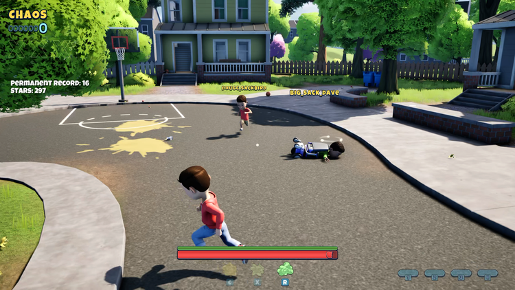 Three kids on a suburban cul-de-sac seen from behind in third person, one lying face down in the road beside a yellow puddle