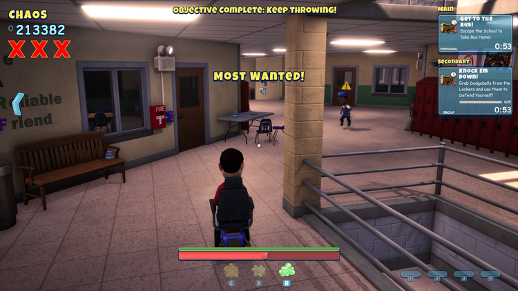 A player crossing a school hallway in a wheelchair, flagged MOST WANTED, with a stairwell railing alongside
