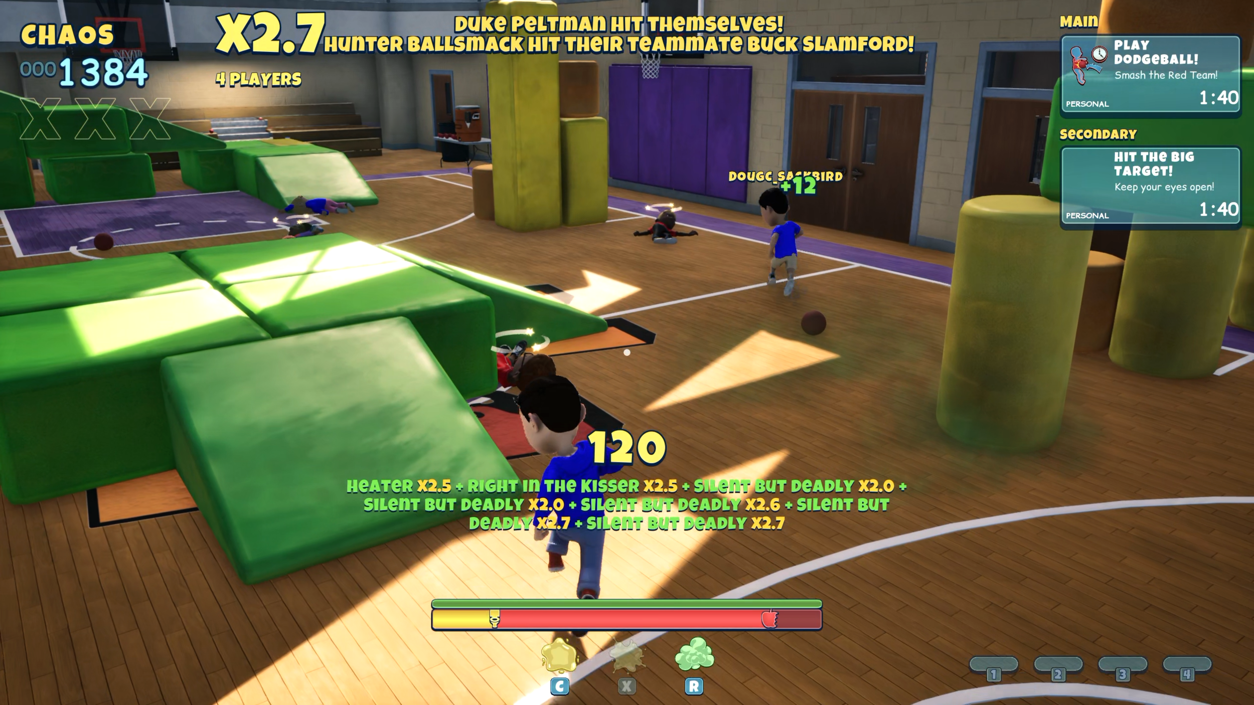 A gymnasium dodgeball match, the hit feed and a stacked chaos multiplier running across the top of the screen