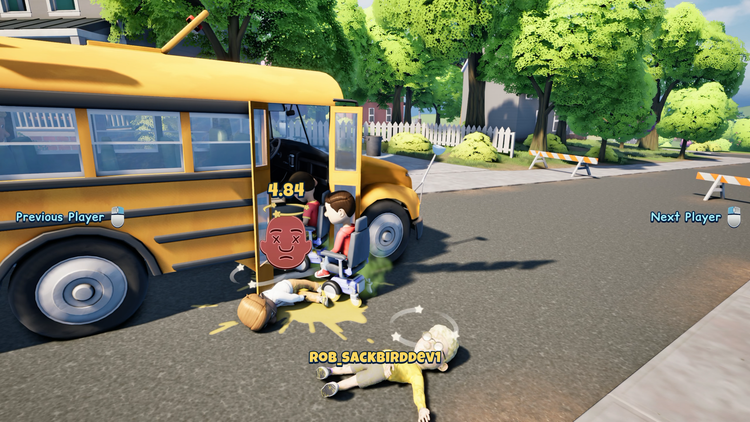 A yellow school bus at the kerb, one kid boarding in a wheelchair while another lies knocked out on the road